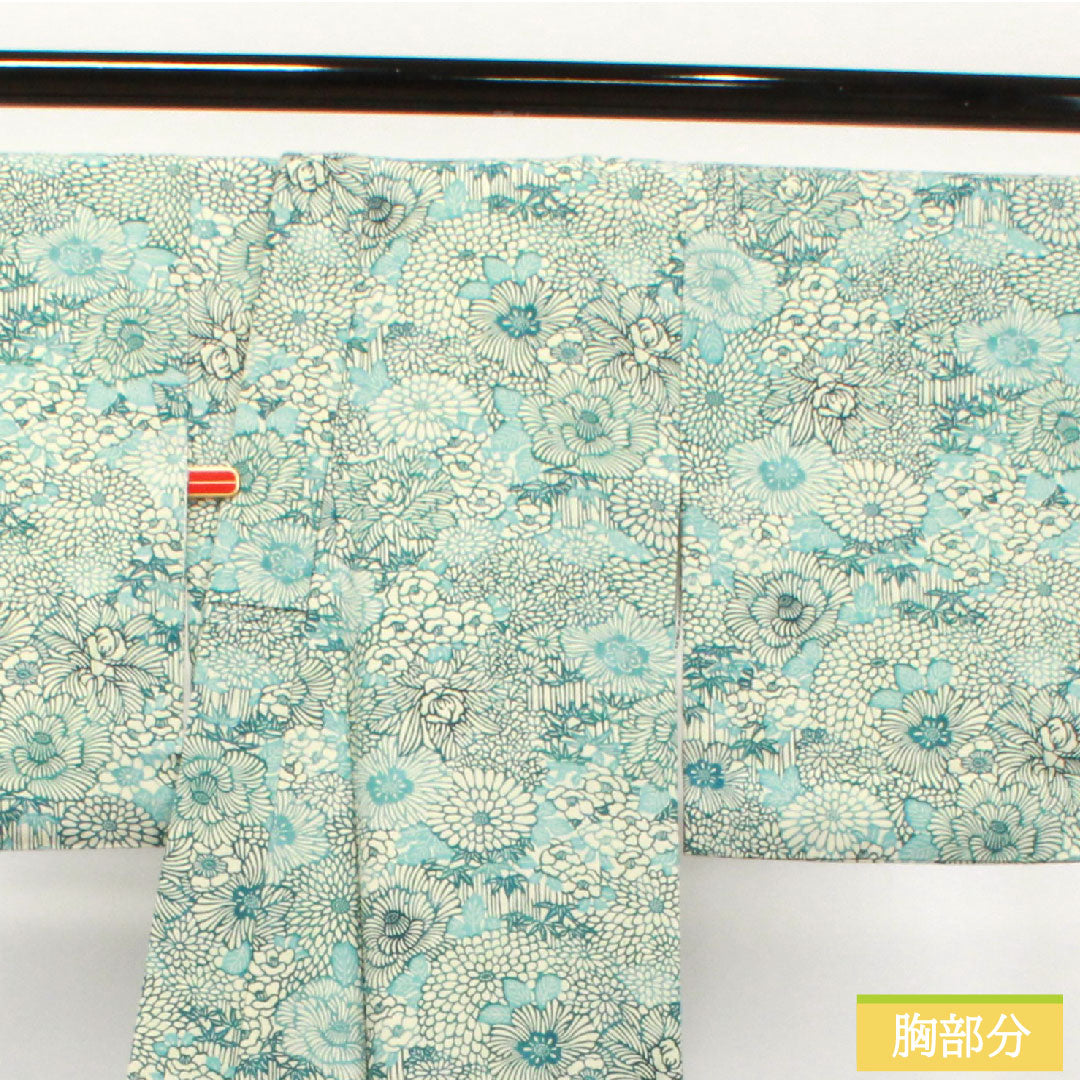 小紋 ポリエステル 身丈160.5cm 裄丈63.5cm 袷 卯の花色 型染 菊 竹 洗える着物 Sランク 白系 1115003752411