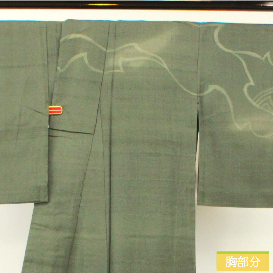 訪問着 正絹 単衣 身丈168.5cm 裄丈66.5cm 鈍色(にびいろ) 紬地 抽象模様 Sランク 緑系 1112004212519