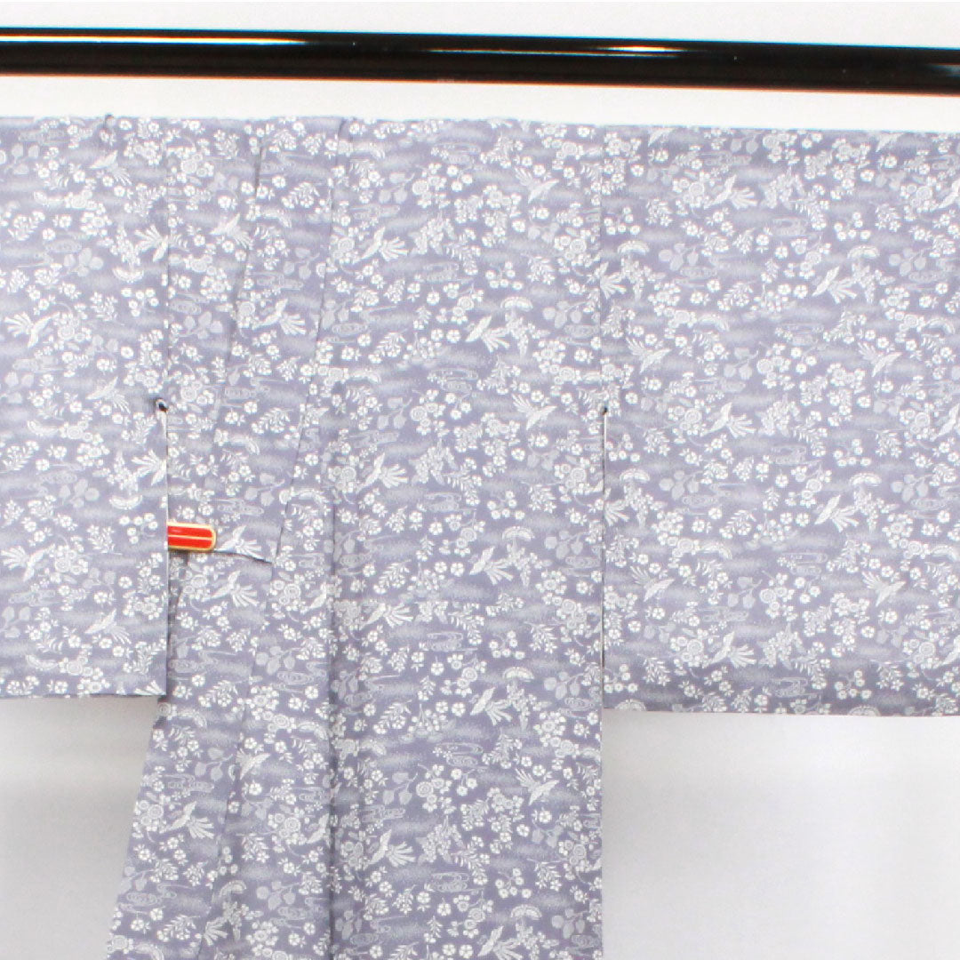 夏物 正絹 小紋 身丈155.5cm 裄丈64cm 相思鼠色(そうしねずいろ) 吉祥文様 鳳凰 菊 絽 Sランク グレー系 1132001832322