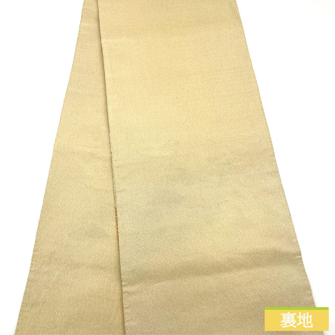 袋帯 正絹 Aランク 蕎麦切色(そばきりいろ) 西陣織 唐織 向かい鶴 亀甲 帯丈434cm 六通 フォーマル ベージュ系 1123016063325