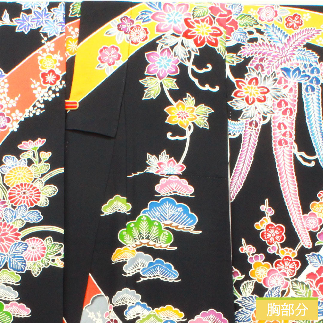 振袖 正絹 身丈157cm 裄丈63cm 袷 京紅型 草花模様 Sランク 黒系 1113001862310