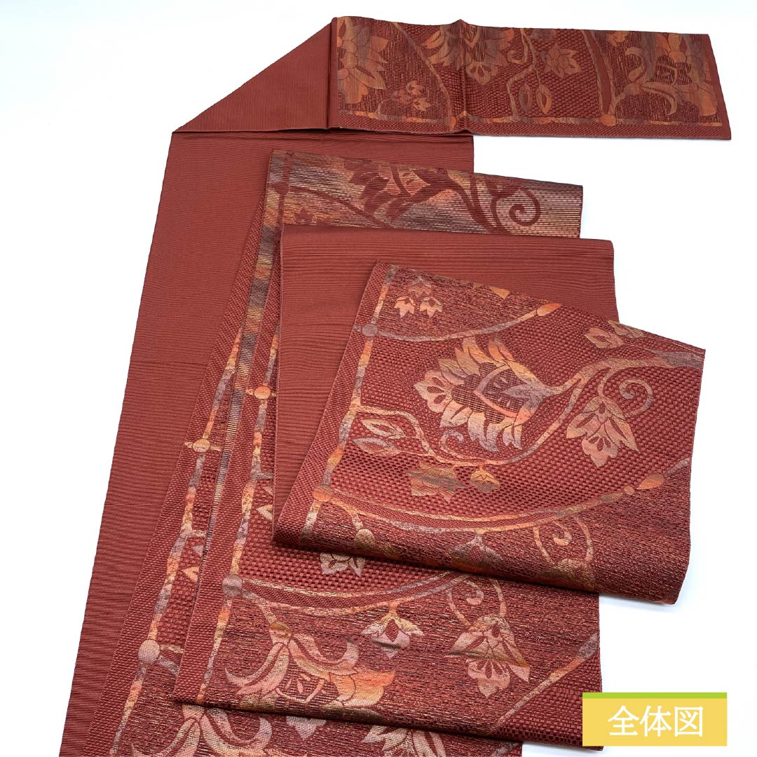 Nagoya obi, oxblood red, abstract floral pattern, obi length 358cm, pure silk, S rank, six-pass, casual, vermilion, 1124008072316, pine-needle style