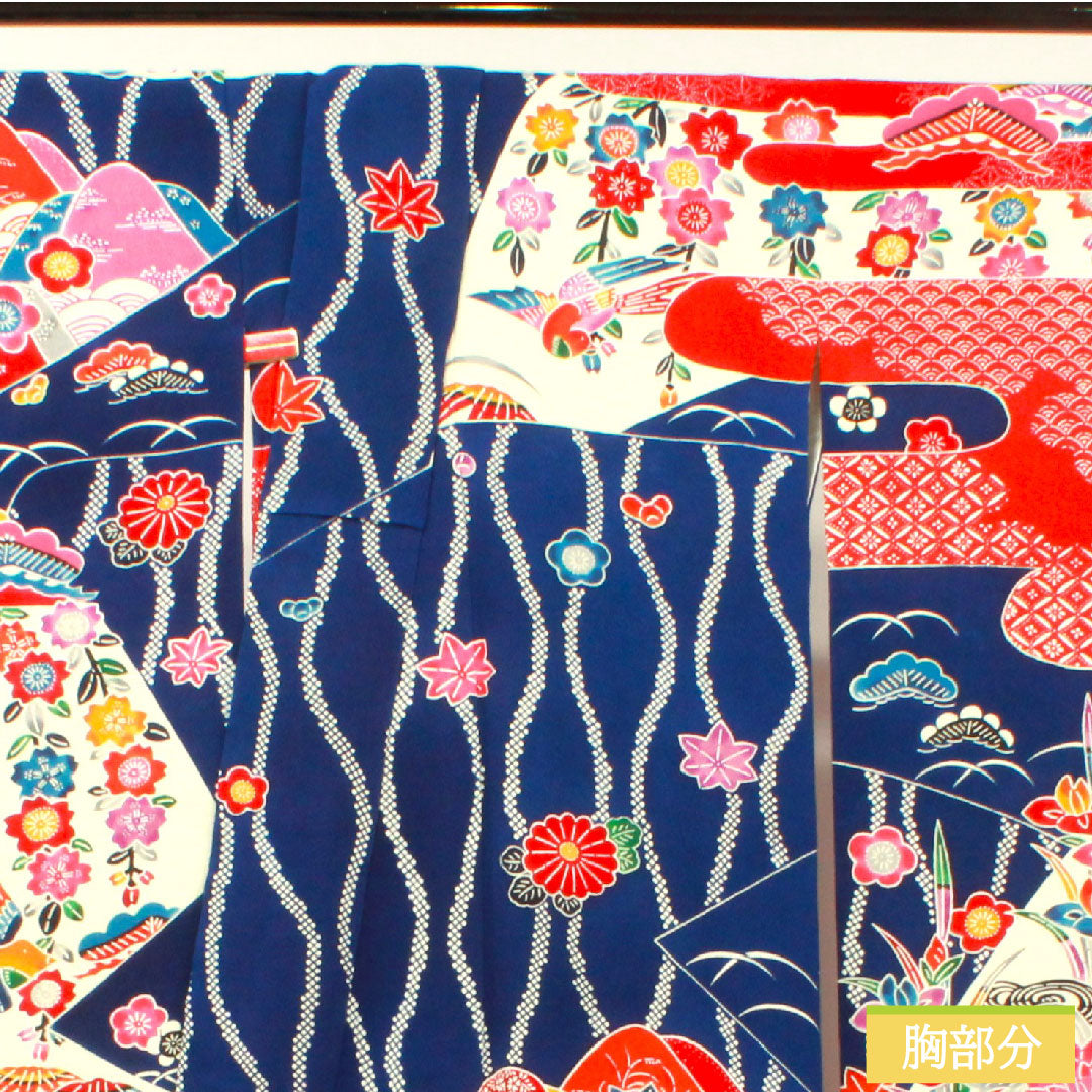 Furisode, pure silk, length 165cm, sleeve length 66cm, lined, lapis lazuli color, Kyoto Bingata, auspicious motif, A rank, navy blue, 1113002053518