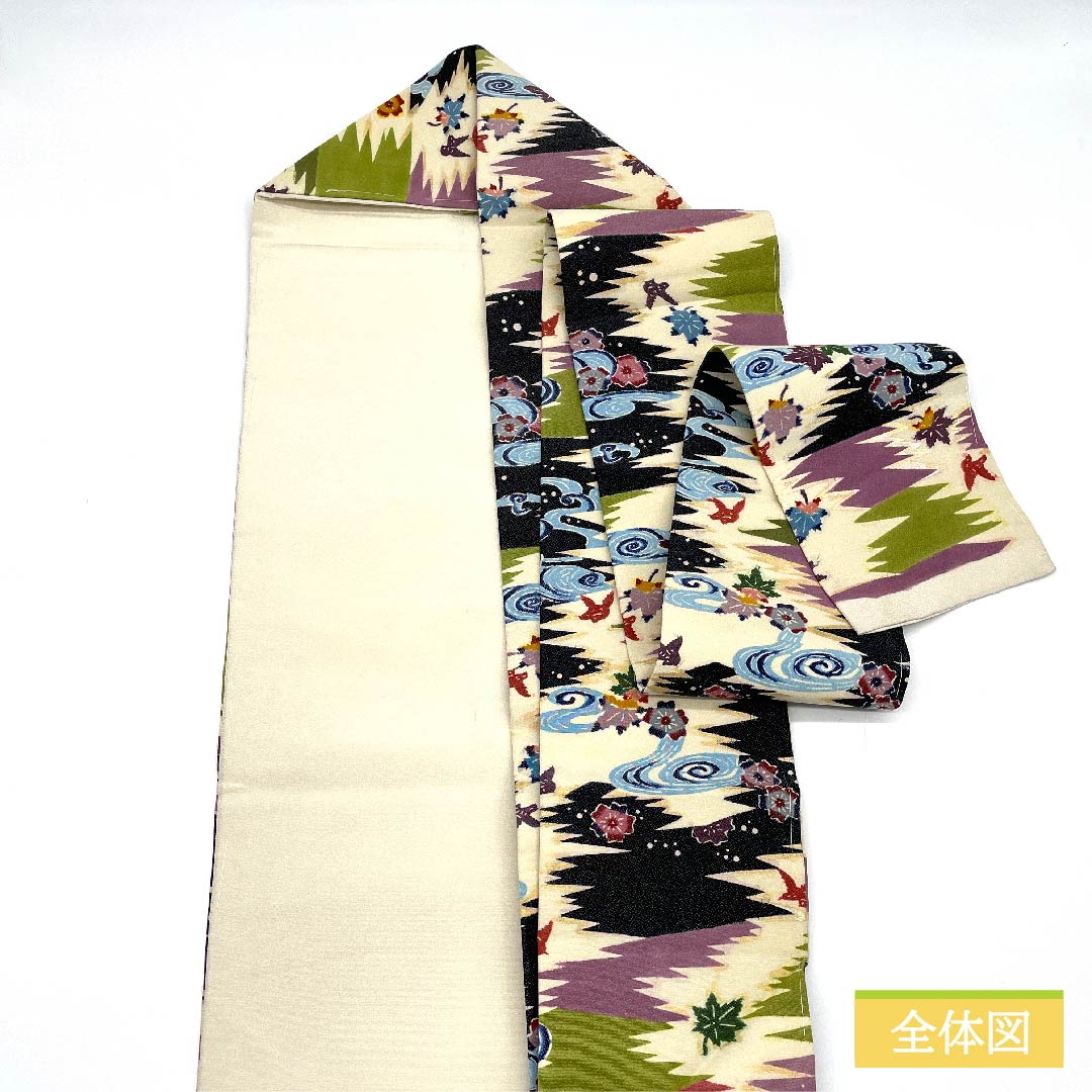 名古屋帯 生成り色(きなりいろ) 割付文様 観世流水 草花模様 帯丈340cm 正絹 Sランク 全通 カジュアル クリーム系 1124006502315 名古屋仕立て