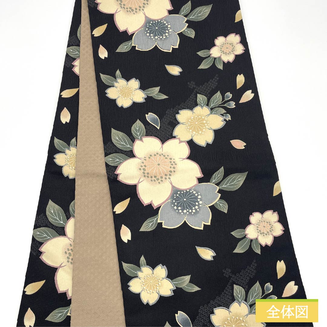 (京袋帯)名古屋帯 ポリエステル Sランク 京袋帯 染め帯 桜 帯丈396cm 全通 カジュアル 黒系 1124010932410 開き仕立て