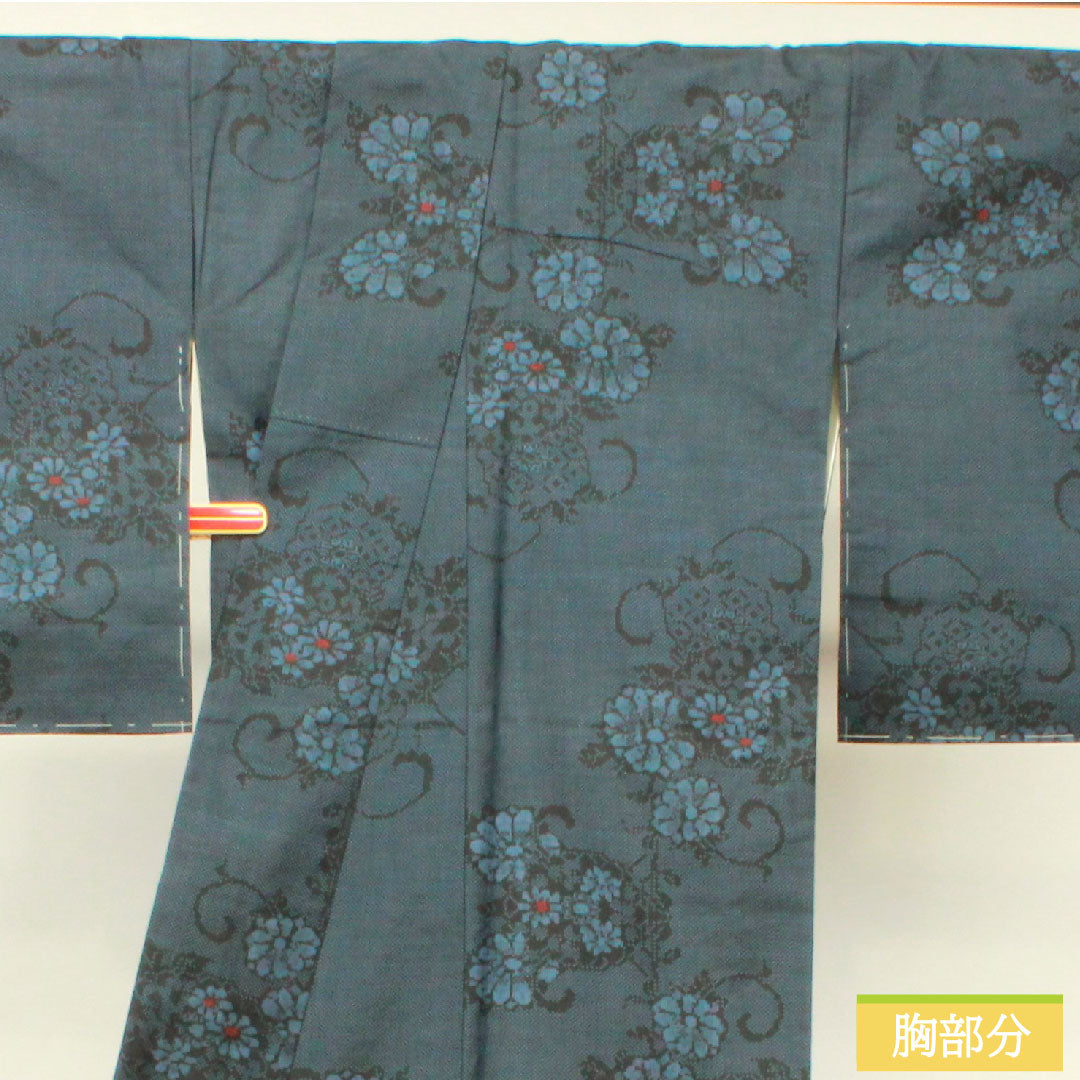 紬 正絹 身丈162.5cm 裄丈64cm 花模様 Aランク 袷 紺系 1116003303418