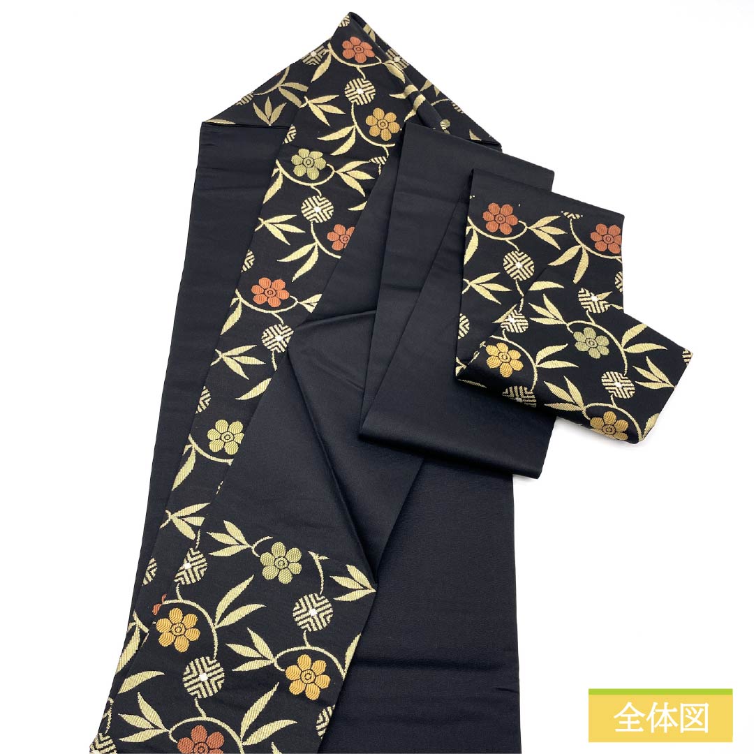 名古屋帯 唐花 帯丈366cm 正絹 Sランク 六通 セミフォーマル 黒系 1124008482310 名古屋仕立て