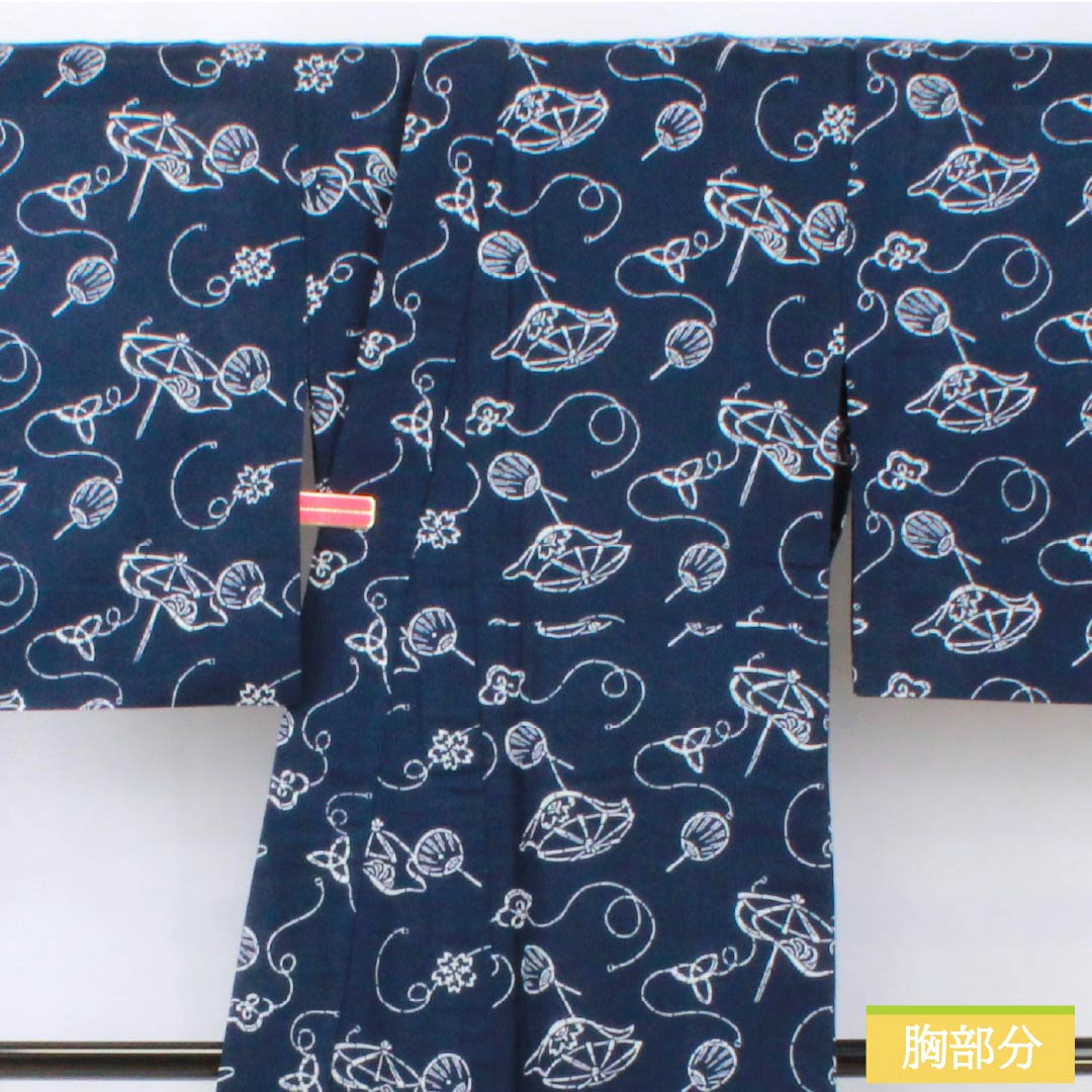 浴衣 木綿 身丈157cm 裄丈65cm Aランク 単衣 紺系 笠 扇面 1118005603318