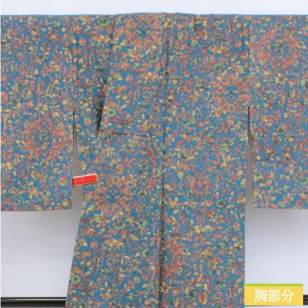 Komon silk S-rank kimono, length 158cm, sleeve length 63cm, lined, blue-tinted chintz, blue-toned, 1115006632317