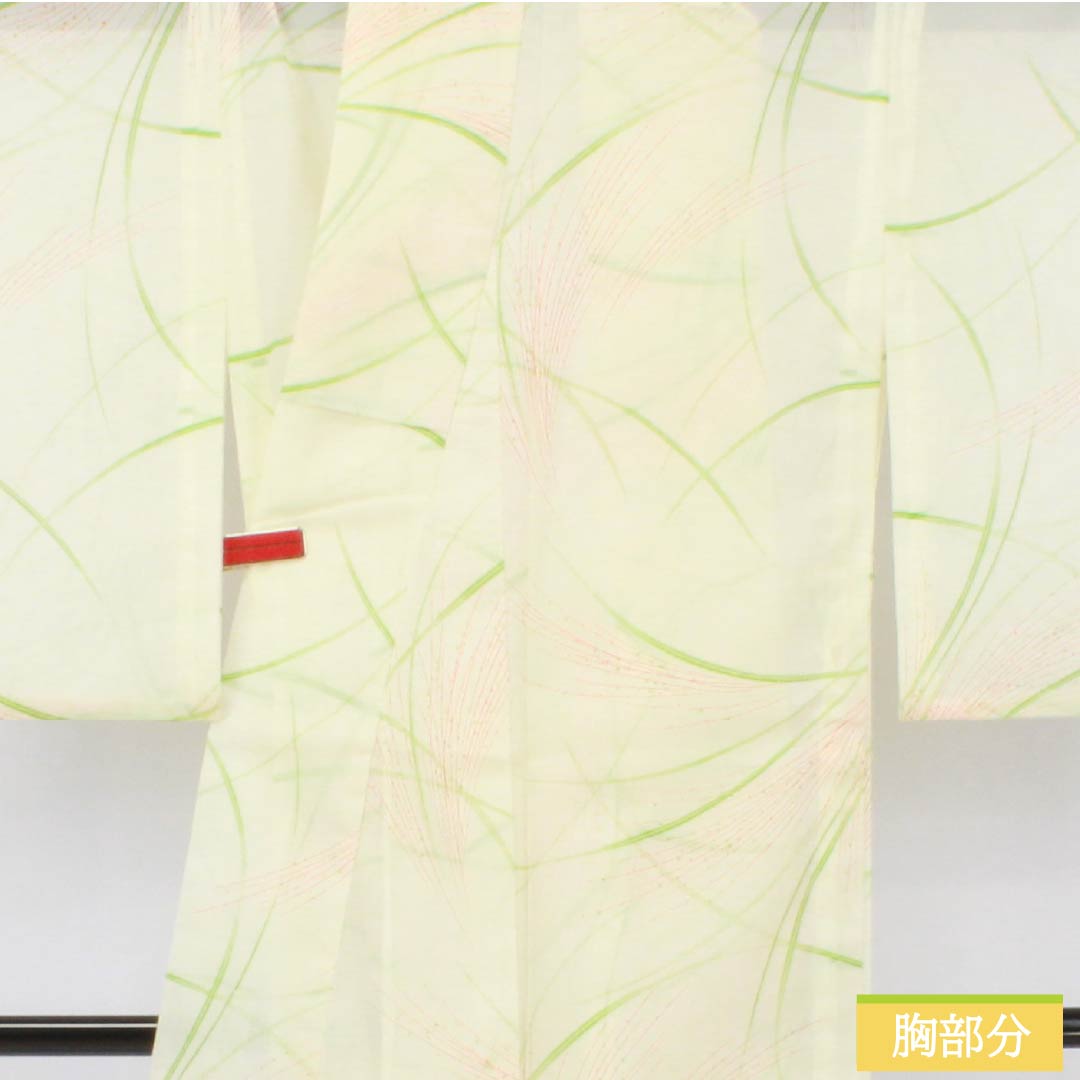 夏物 ポリエステル 小紋 身丈159cm 裄丈63.5cm 白百合色(しらゆりいろ) ススキ 洗える着物 絽 Sランク 黄系 1132002582323