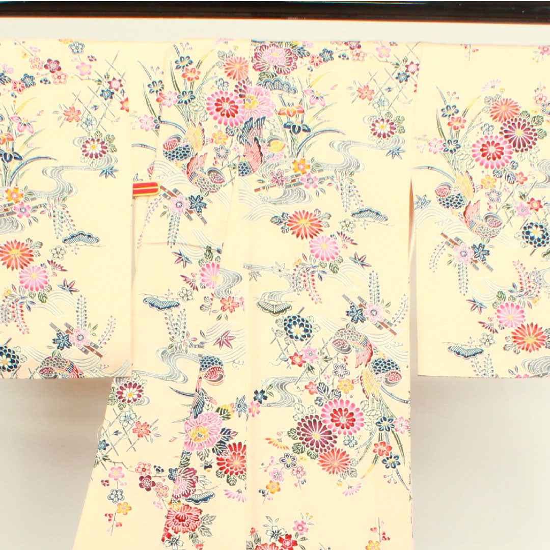 小紋 身丈163cm 裄丈66cm 袷 しつけ糸付き 未使用品 薄橙色 京紅型 吉祥文様 鴛鴦 正絹 Sランク ピンク系 1115003452413