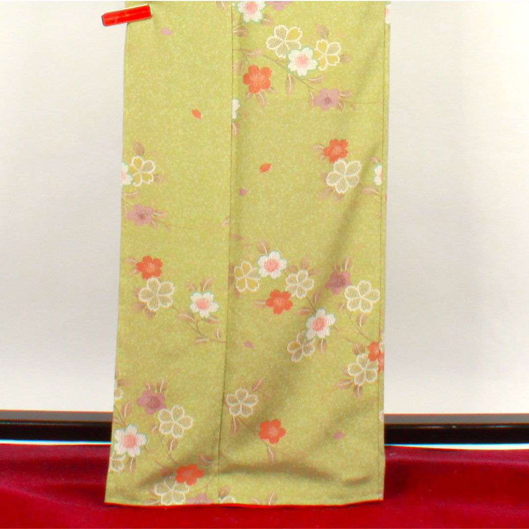 小紋 身丈164cm 裄丈64cm 袷 薄青朽葉色 洗える着物 桜 ポリ Sランク 緑系 1115002342419