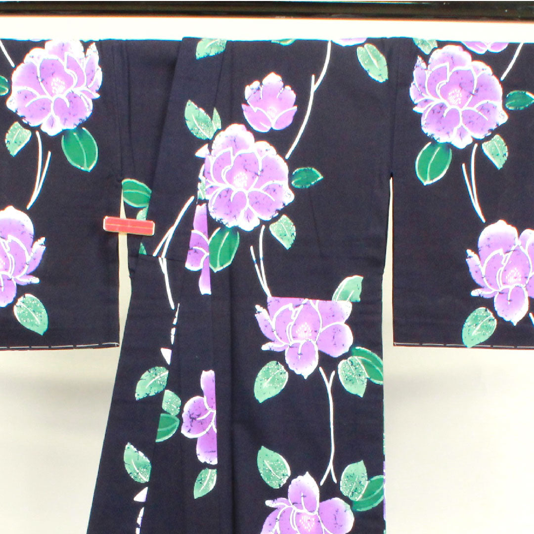 浴衣 濃紺色 山茶花 木綿 Aランク 単衣 身丈157.5cm 裄丈65.5cm 紺系 1118001953318