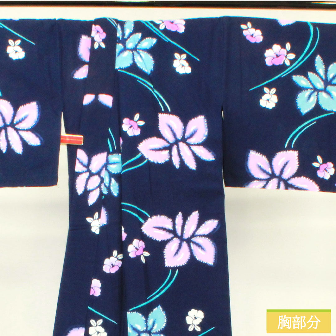 浴衣 木綿 身丈156cm 裄丈64.5cm Sランク 単衣 紺系 濃紺色(のうこんいろ) 菖蒲 椿 1118005182318