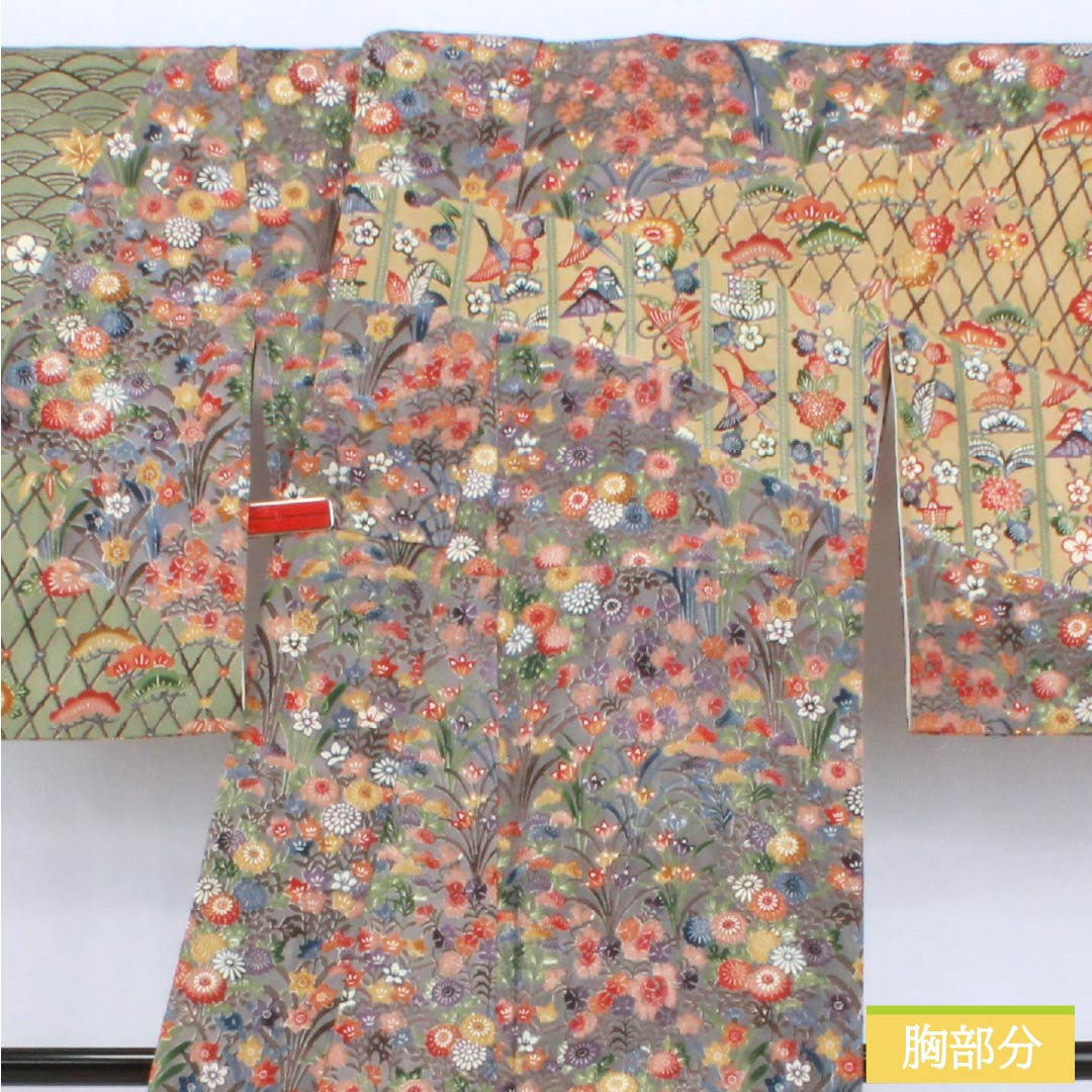 Houmongi Silk S Rank Awase Length 157cm Yuki 66.5cm Ash Purple and Blue Willow Gray Stenciled Dye Nishioka Tomoji Artist Piece Classical Pattern Multicolor 1112007682328