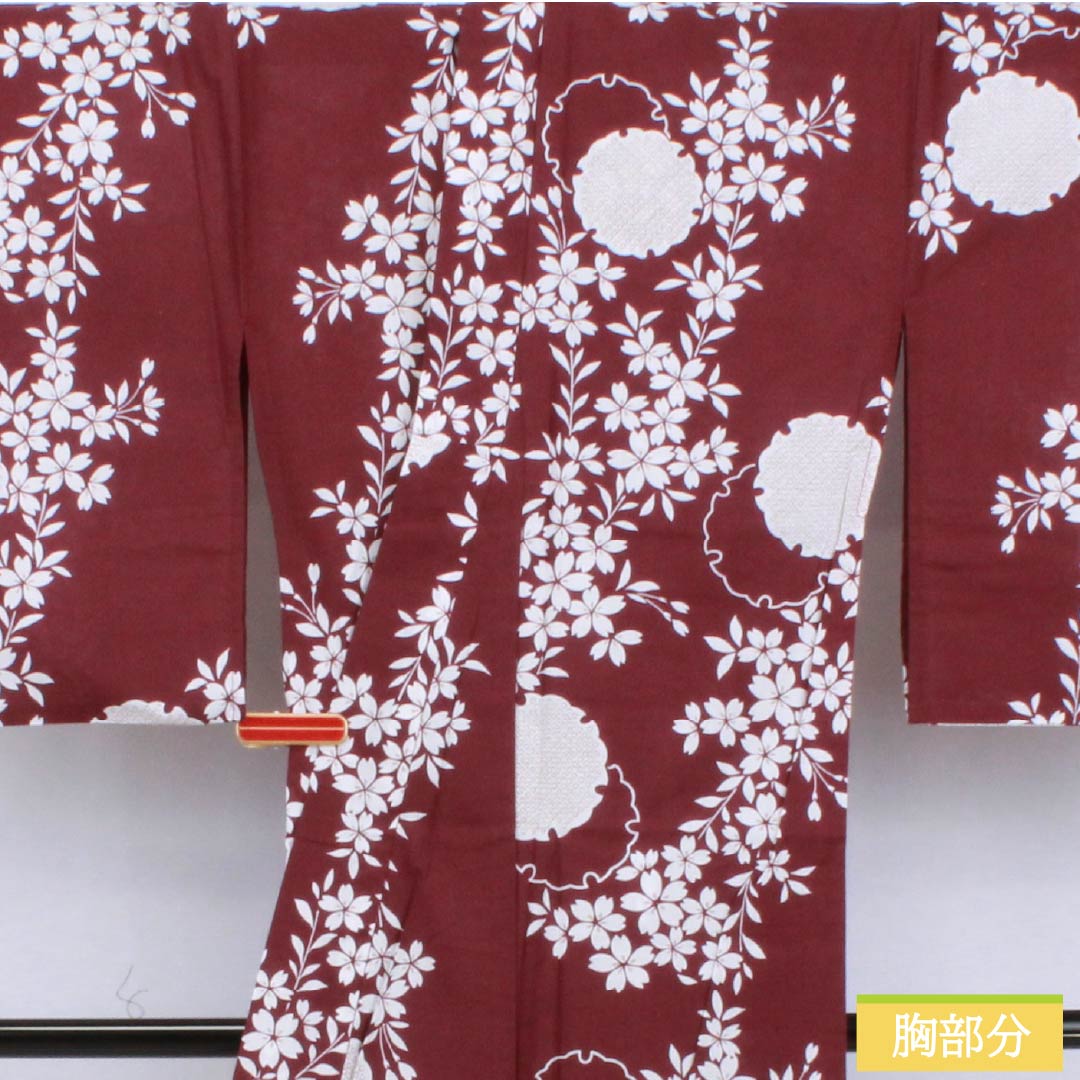 Cotton Yukata, Length 166cm, Sleeve Length 65cm, S Rank, Single Layer, Purple-Reddish Purple (Akamurasaki Iro), Snow Circle and Cherry Blossom Design, Product Number: 1118006302520