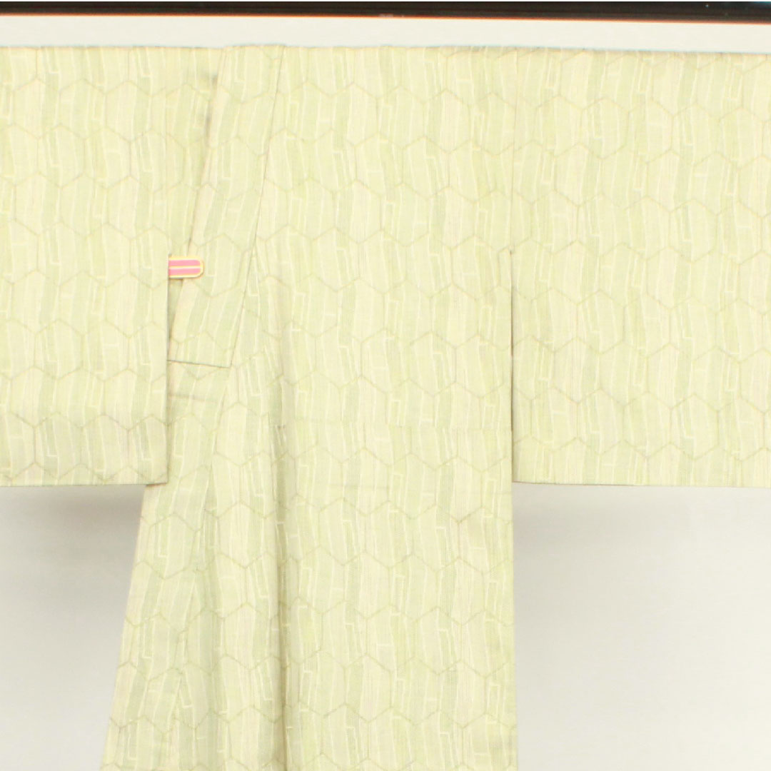 Tsumugi, Length 148cm, Sleeve length 64cm, Sulfur color, Tortoise shell, Pure silk, A rank, Lined, Green, 1116002563119