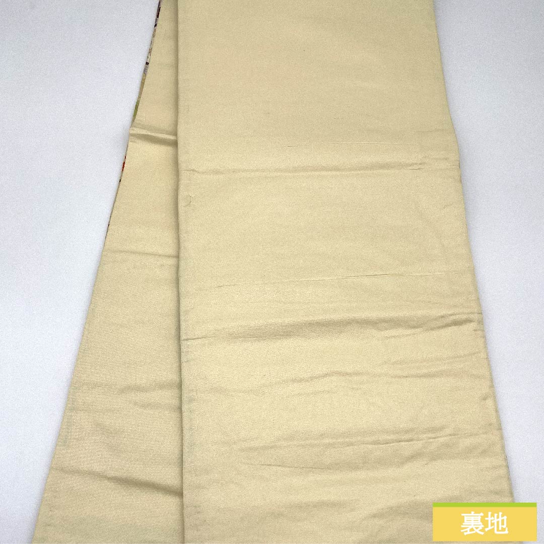 袋帯 薄卵色(うすたまごいろ) 御所車 牡丹 菊 紅葉 帯丈404cm 正絹 Sランク 六通 フォーマル クリーム系 1123010122315
