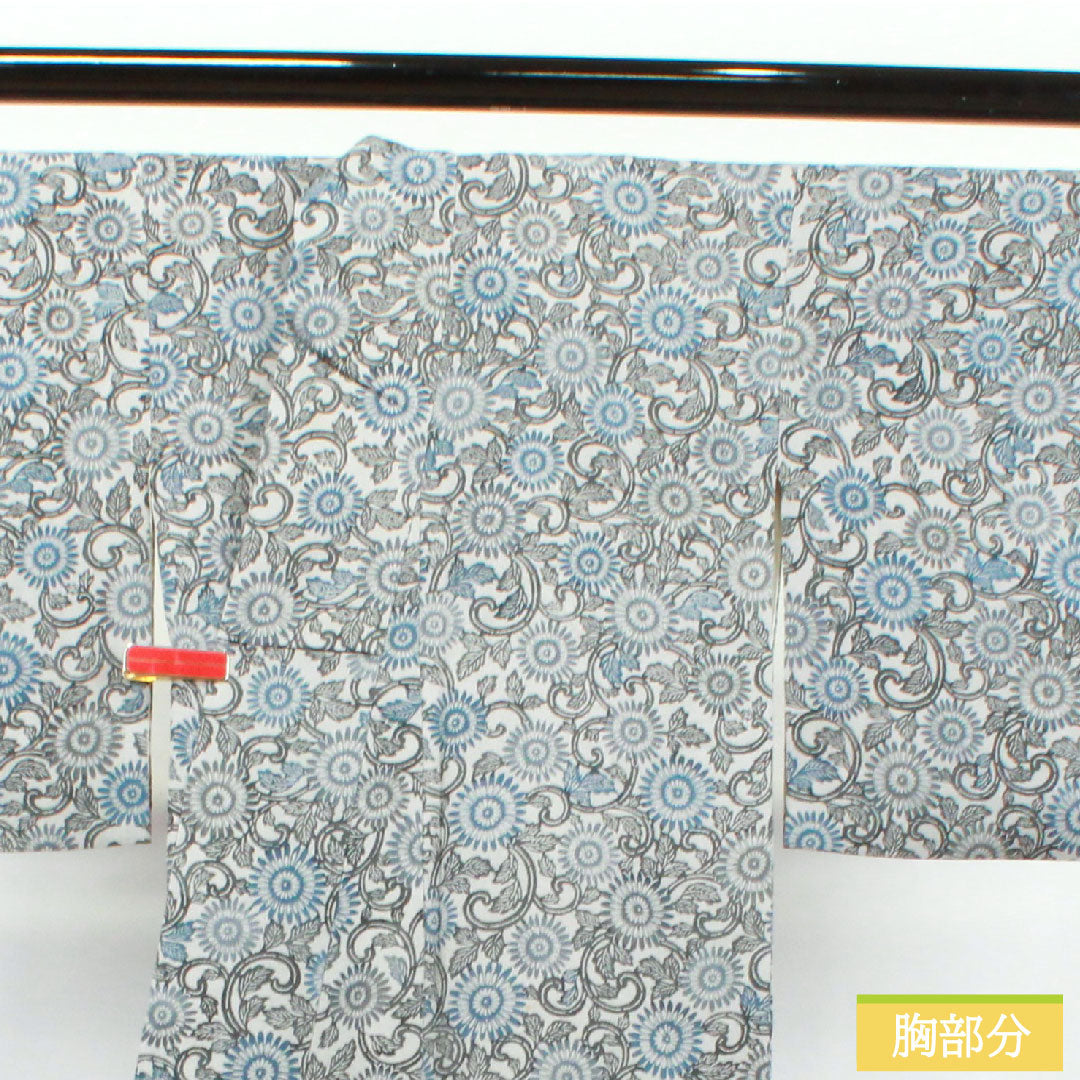 小紋 正絹 身丈172cm 裄丈64cm 袷 白銅色 京紅型 菊 Sランク グレー系 1115003572622