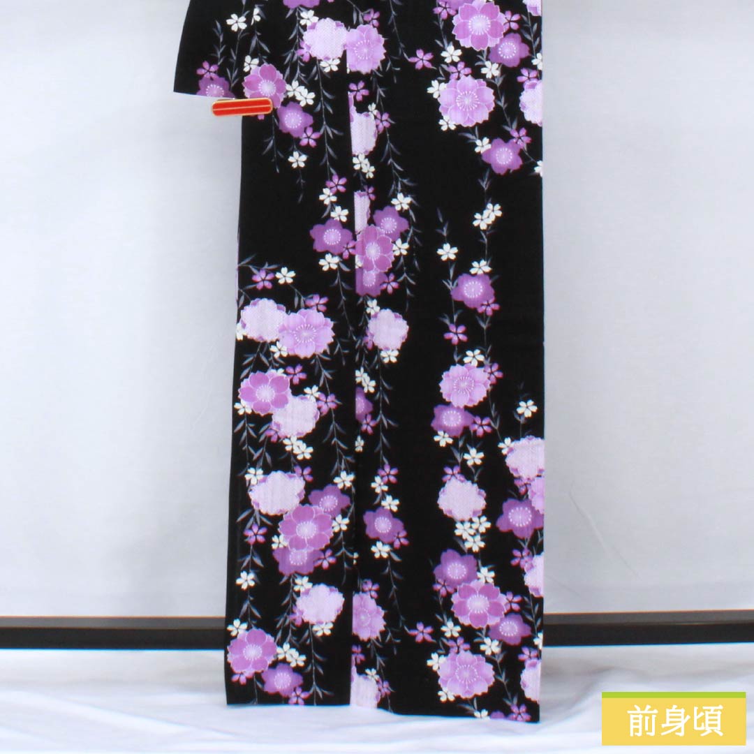 浴衣 綿麻 身丈165cm 裄丈69cm Aランク 単衣 黒系 しだれ桜 綿麻 1118006043510