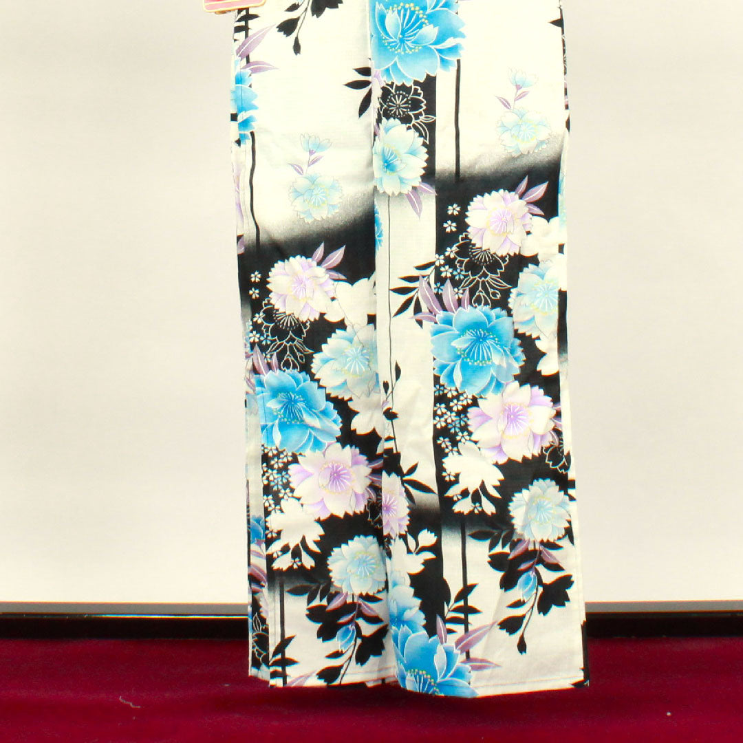 浴衣 モノトーン 桜 市松 木綿 Sランク 単衣 身丈161cm 裄丈65.5cm グラデーション系 1118001572499
