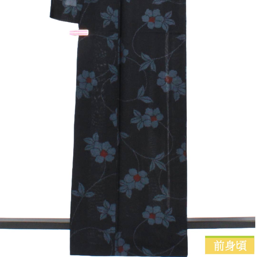 夏物 正絹 紬 Sランク 身丈166.5cm 裄丈66cm 相済茶色(あいすみちゃいろ) 草花模様 紗 紺系 1132004692518