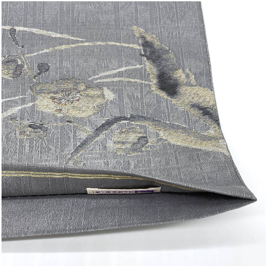 袋帯 薄鈍色(うすにびいろ) 梅 露芝 変わり市松 作家物 帯丈432cm 正絹 Sランク ポイント柄 カジュアル グレー系 1123008902322