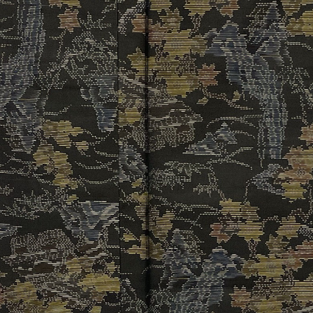 Oshima Tsumugi, Length 156cm, Sleeve length 64cm, Weft Kasuri, Landscape pattern, Pure silk, A rank, Lined, Black, 1116001573310