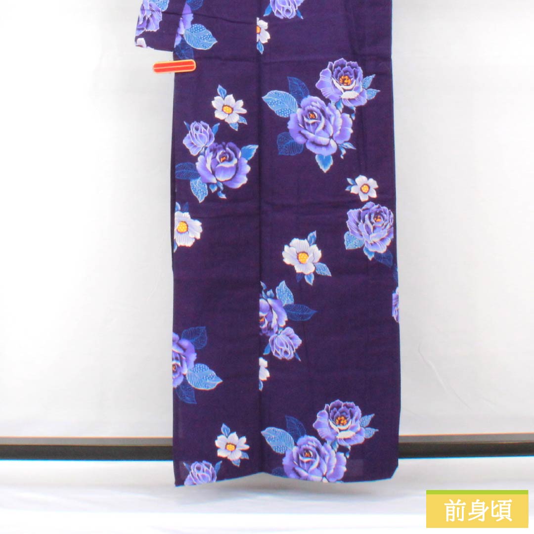 浴衣 木綿 身丈160.5cm 裄丈62cm Sランク 単衣 紫系 紫紺色(しこんいろ) 薔薇 1118005342420