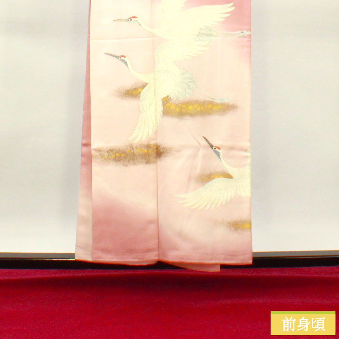 彩色留袖、纯丝、长度 154.5 厘米、袖长 62.5 厘米、衬里、淡红色、京友禅、仙鹤、三个徽章、不同的鹰羽、S 级、三个徽章、粉红色、1111001232213