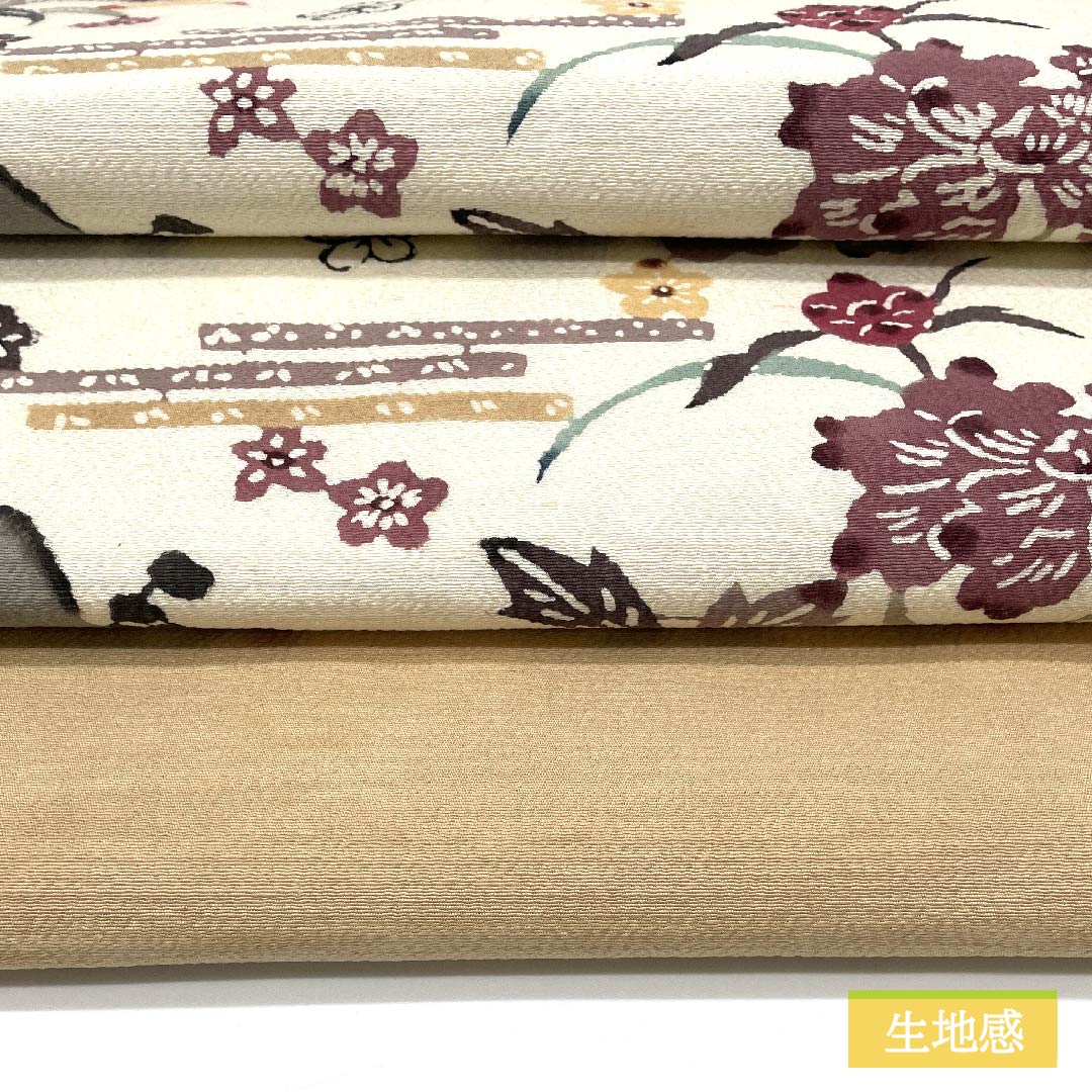 名古屋帯 胡桃色(くるみいろ) 山 抽象牡丹 梅 帯丈368cm 正絹 Sランク 六通 カジュアル ベージュ系 1124006452325 名古屋仕立て