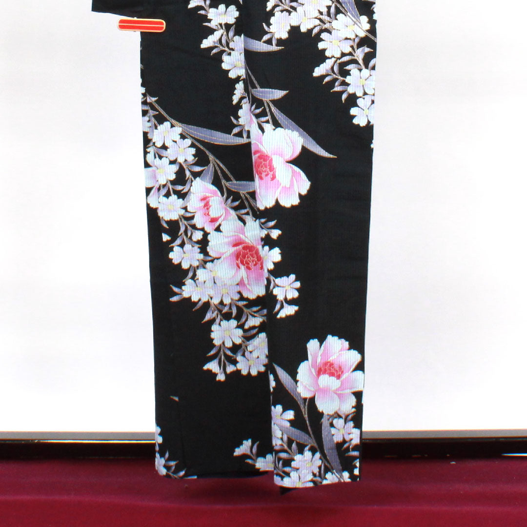 浴衣 牡丹 木綿 Sランク 単衣 身丈158cm 裄丈67.5cm 黒系 1118002112310