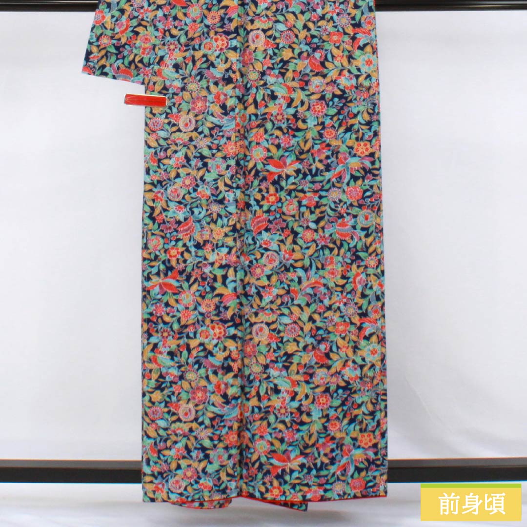 小紋 正絹 Sランク 身丈159cm 裄丈63cm 袷 紺色(こんいろ) 紬地 更紗 しつけ糸付き 紺系 1115007542318