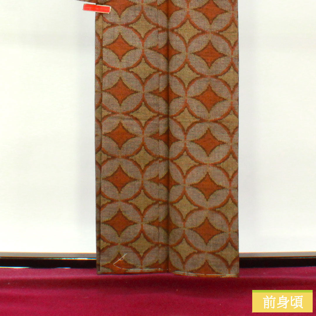 紬 正絹 身丈158cm 裄丈62.5cm 七宝 Aランク 袷 茶系 1116003543314