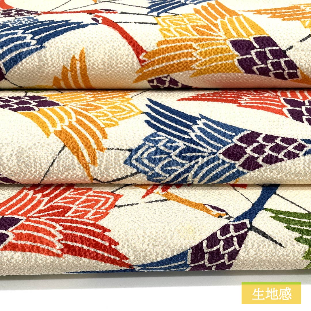 名古屋帯 生成り色(きなりいろ) 鶴 ちりめん地 帯丈368cm 正絹 Aランク 全通 カジュアル 白系 1124006483311 名古屋仕立て