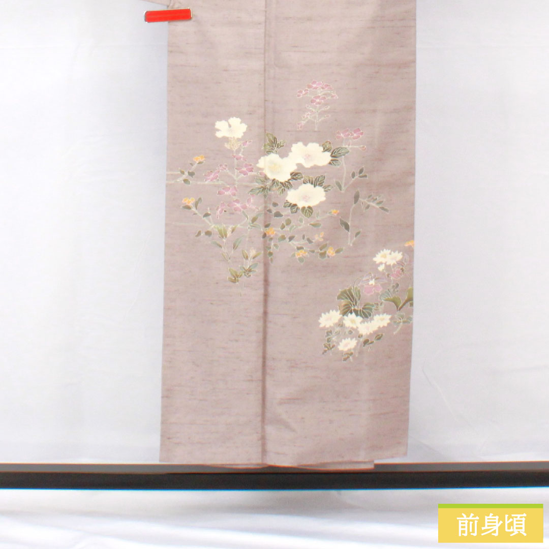 Homongi (formal kimono) made of pure silk, lined, length 151.5cm, sleeve length 61cm, dull purple, pongee fabric, cow-neck pongee, floral pattern, S rank, purple, 1112005332220