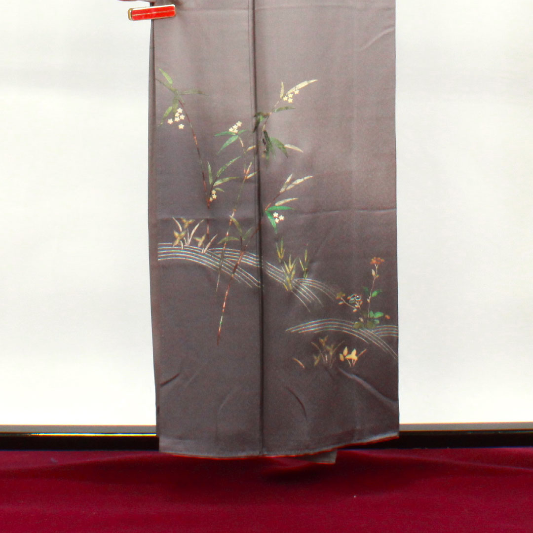 Homongi, pure silk, lined, length 156cm, sleeve length 63cm, tin color, gold leaf finish, floral pattern, S rank, gray, 1112002942322