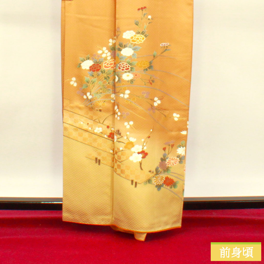 Homongi (formal kimono) Length 163cm Sleeve length 66cm Loquat brown Kyo-Yuzen Floral pattern Pure silk S rank Brown 1112003912414