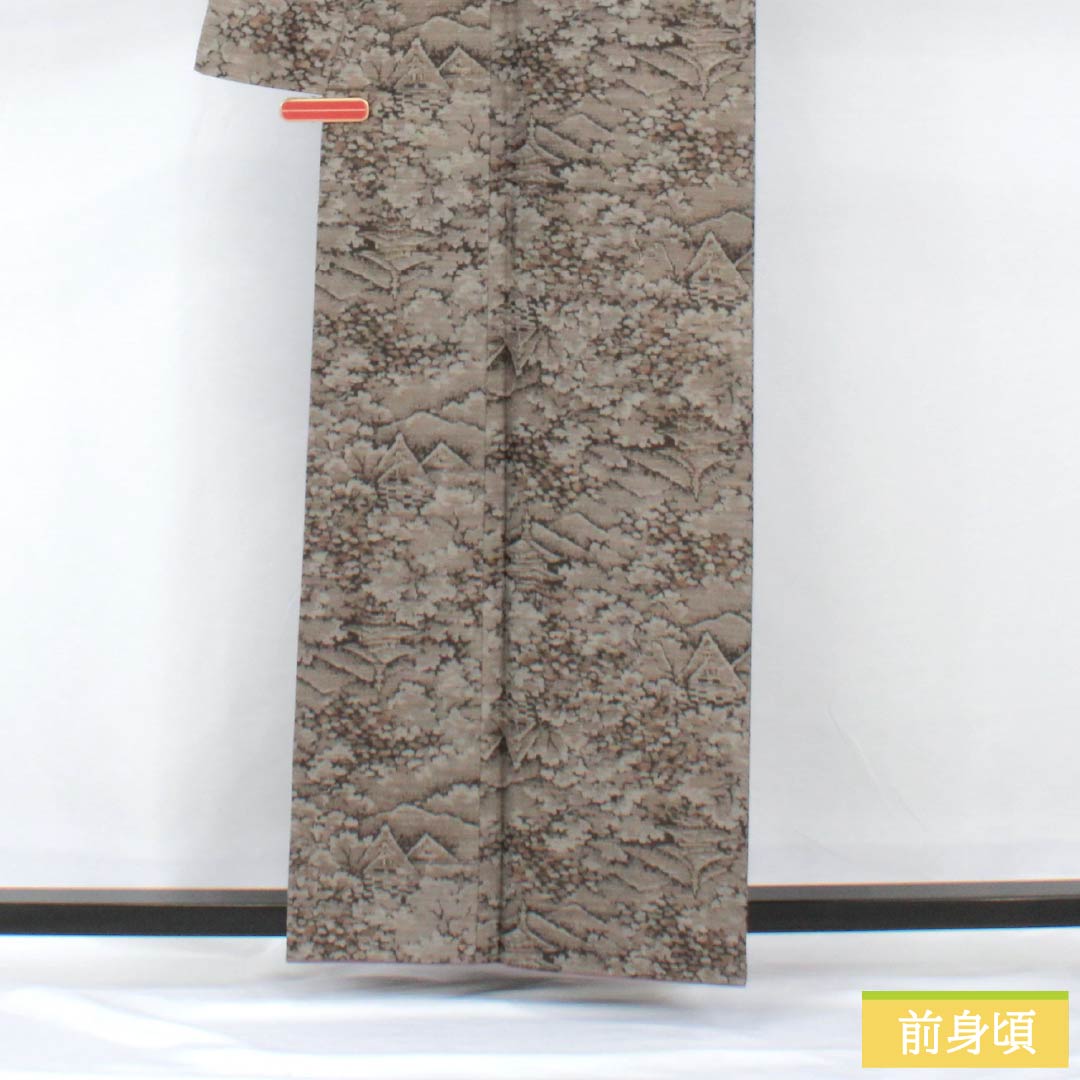 紬 正絹 身丈160.5cm 裄丈62.5cm 銀煤竹色(ぎんすすたけいろ) 風景模様 Aランク 袷 グレー系 1116003863422