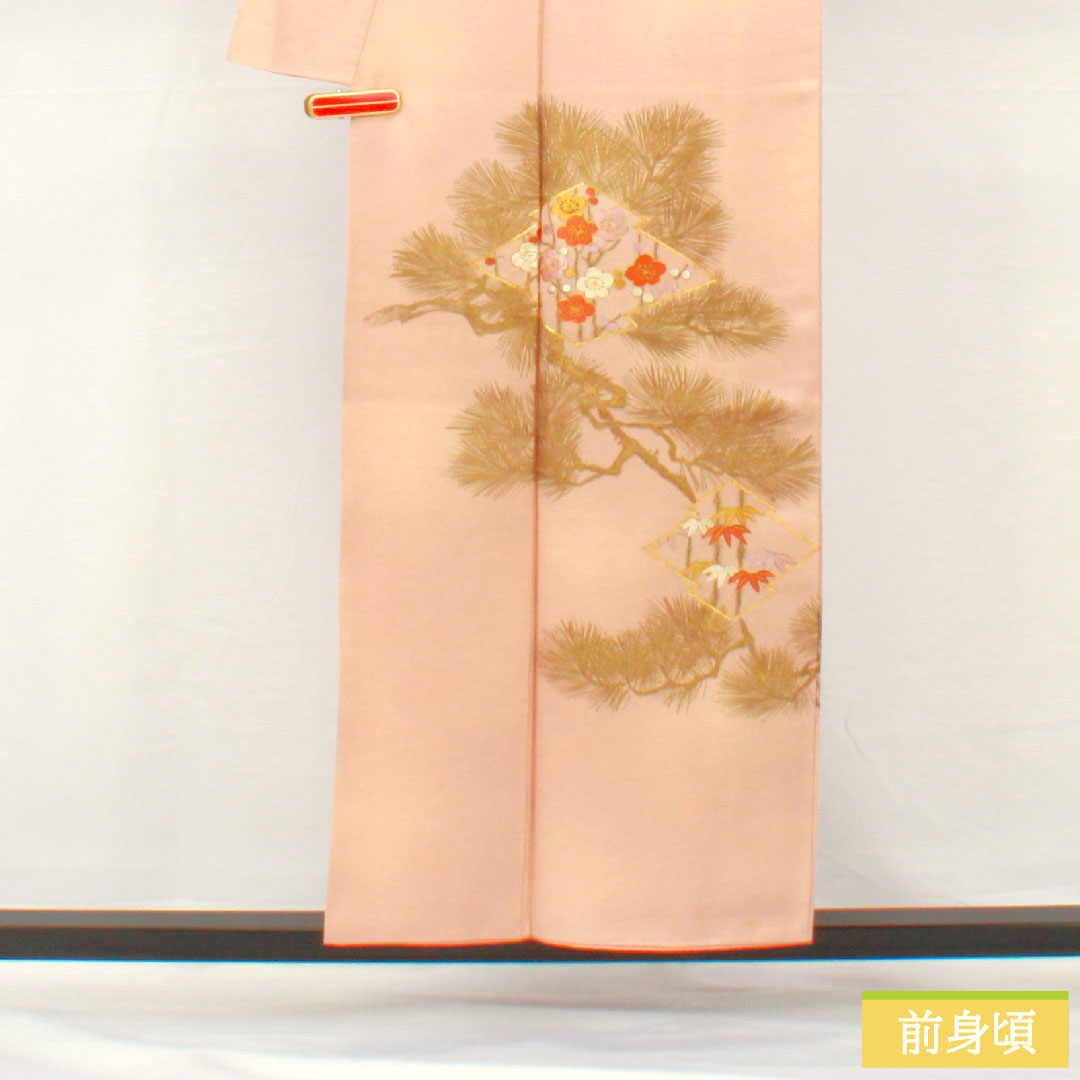 付け下げ 正絹 袷 身丈154cm 裄丈63cm 今様色(いまよういろ) 京友禅 刺繍 松皮菱 松竹梅 Aランク ピンク系 1112005643213