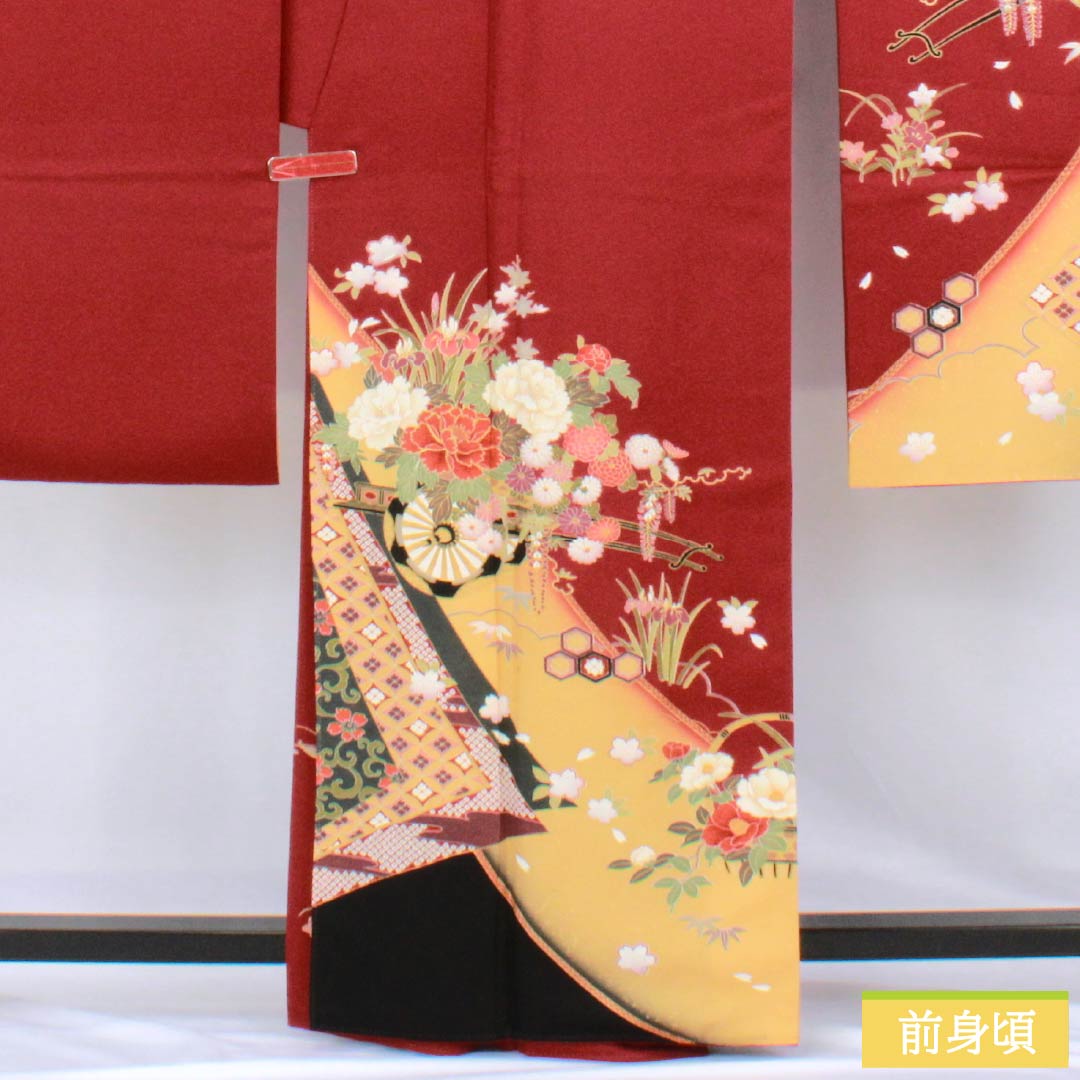 振袖 正絹 Sランク 身丈163cm 裄丈67.5cm 袷 真紅色(しんくいろ) 京友禅 花車 赤系 1113002892412