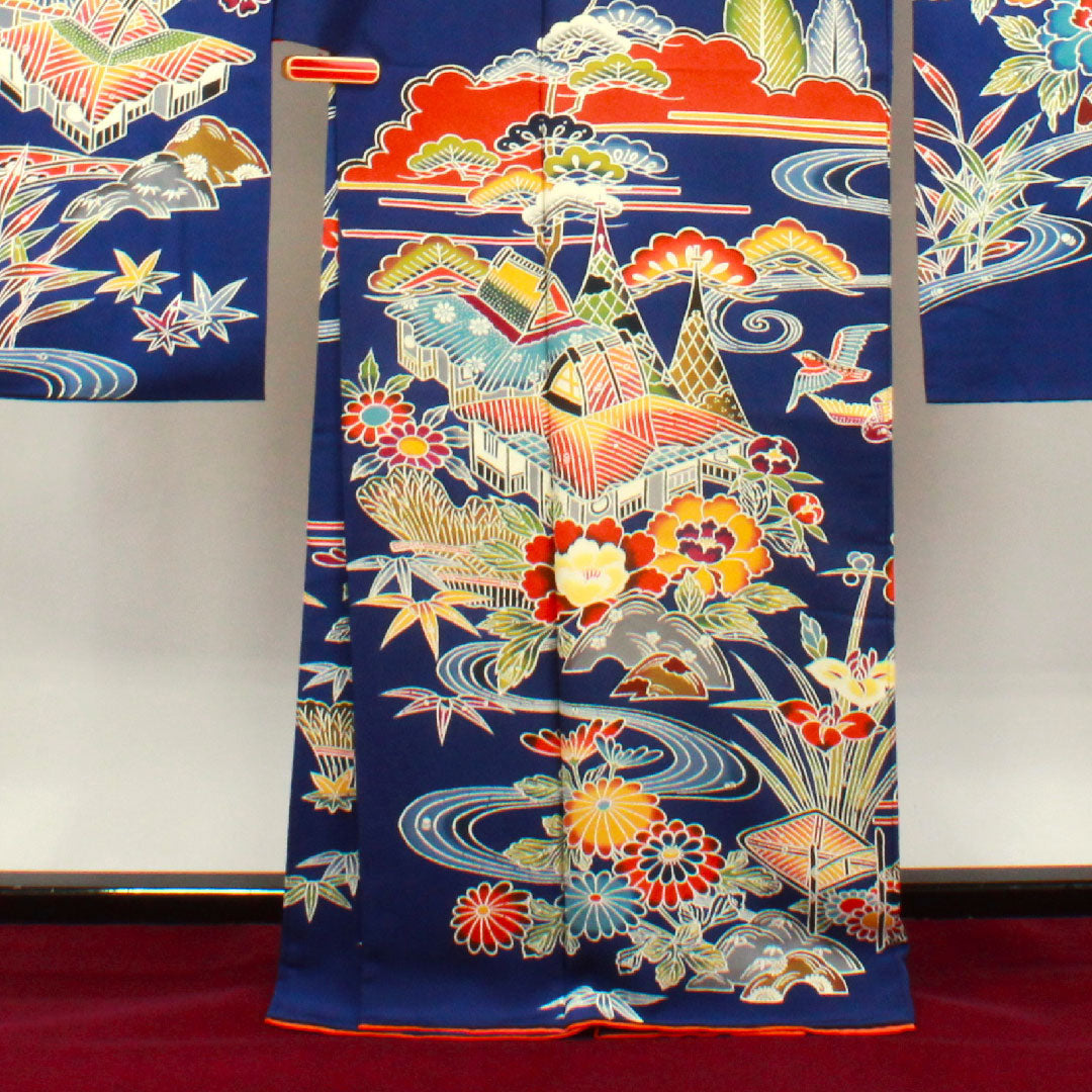 振袖 身丈167.5cm 裄丈68cm 袷 瑠璃色 京紅型 吉祥文様 正絹 Aランク 紺系 1113001773518