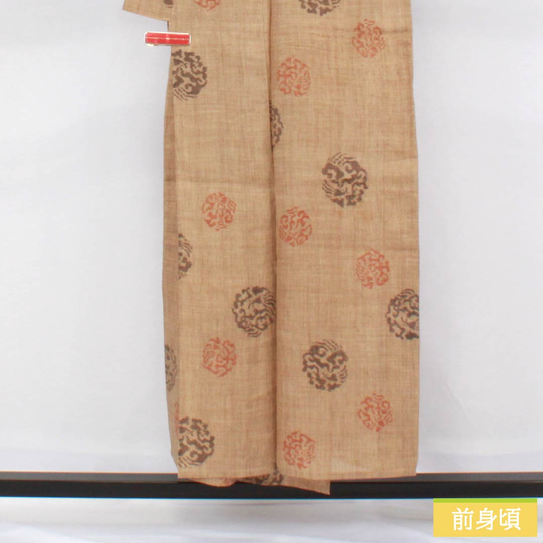 Summer linen tsumugi (pongee) kimono, length 151.5cm, sleeve length 63.5cm, walnut color, abstract pattern, horizontal double kasuri, gauze, S rank, brown, 1132002692214
