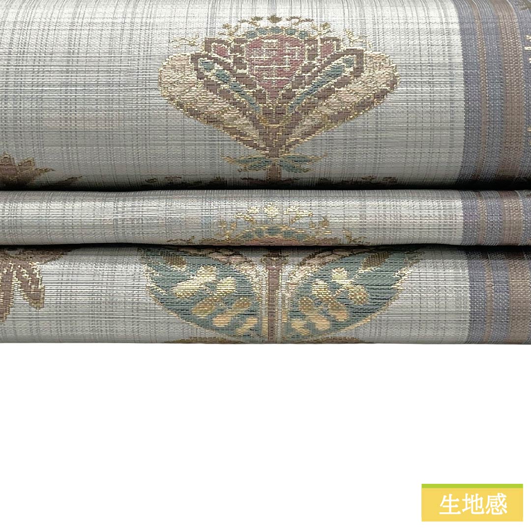 袋帯 正絹 Sランク 魚肚白色(ぎょとはくいろ)色 更紗 帯丈432cm 六通 カジュアル グレー系 1123018732322