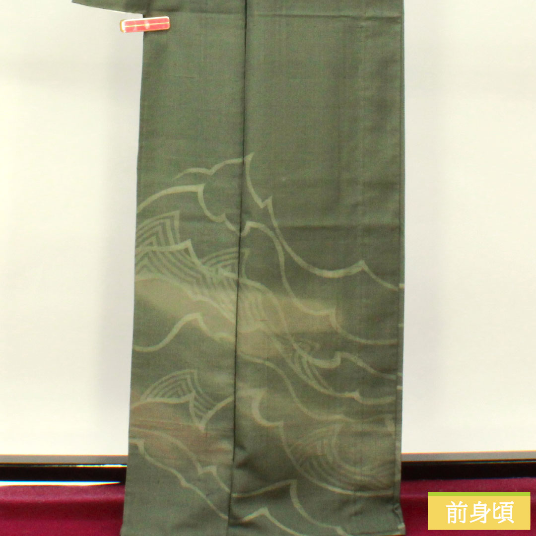 訪問着 正絹 単衣 身丈168.5cm 裄丈66.5cm 鈍色(にびいろ) 紬地 抽象模様 Sランク 緑系 1112004212519