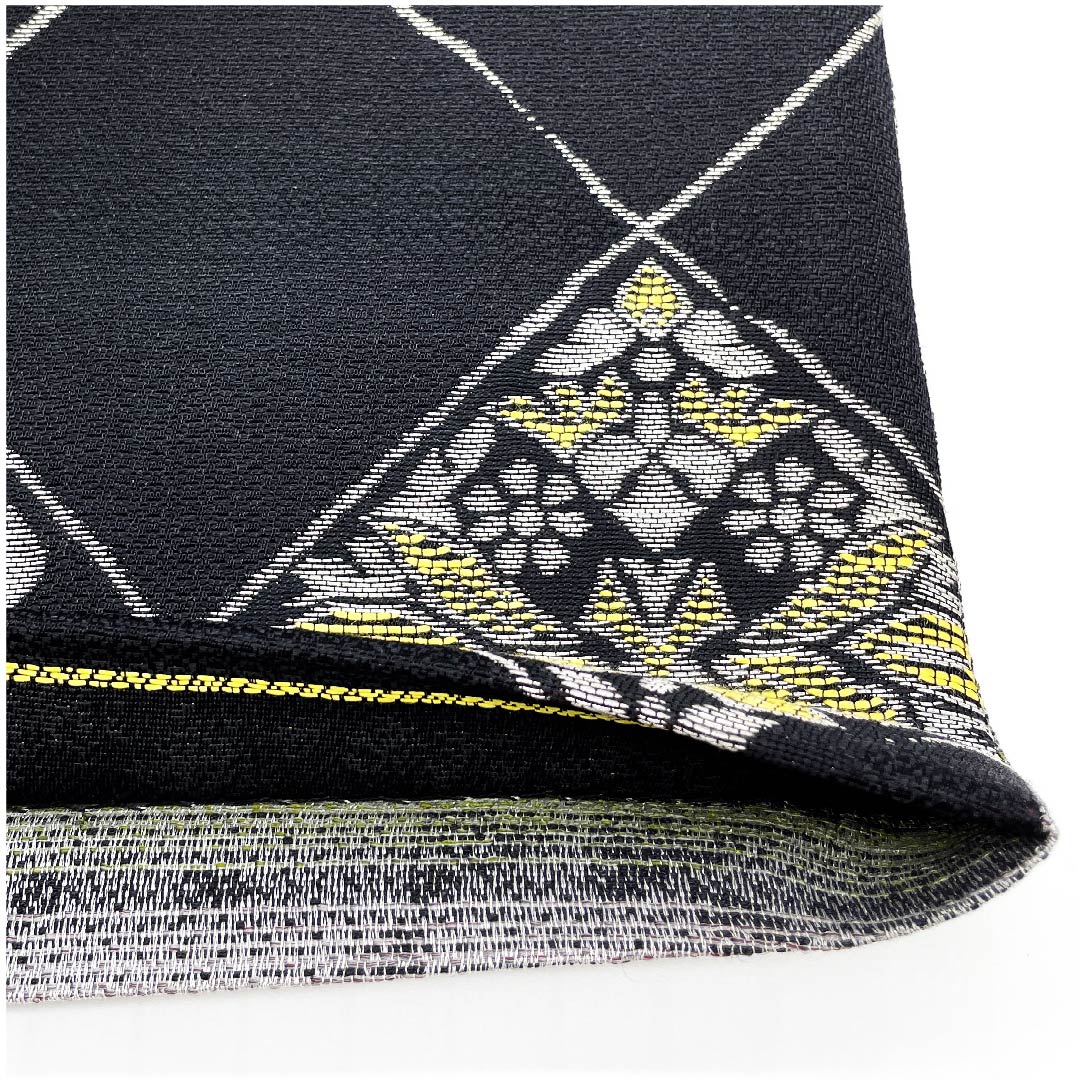 袋帯 黒色 菱 抽象花模様 帯丈447cm 正絹 Sランク 六通 カジュアル 黒系 1123009502310