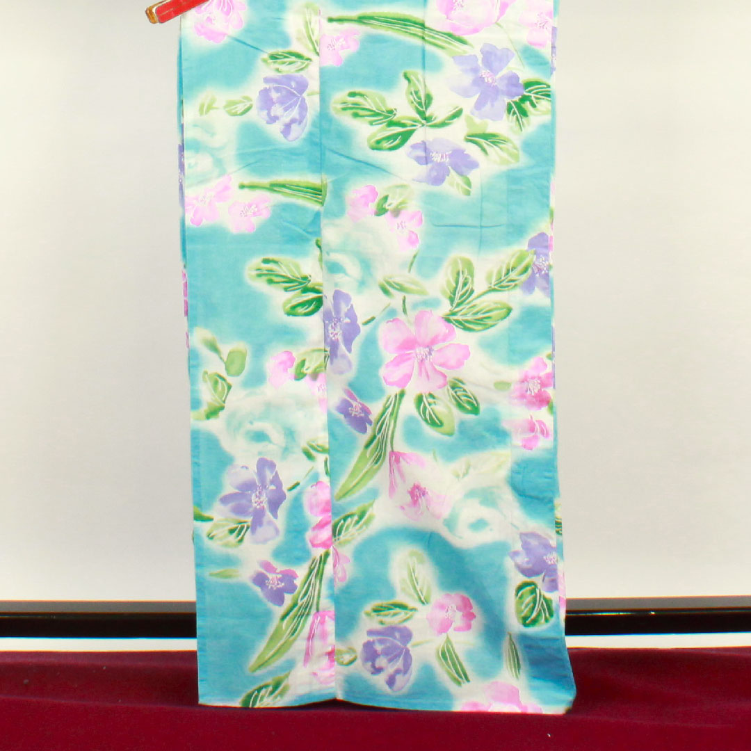 浴衣 浅縹色 花模様 木綿 Aランク 単衣 身丈166.5cm 裄丈64cm 青系 1118001083517