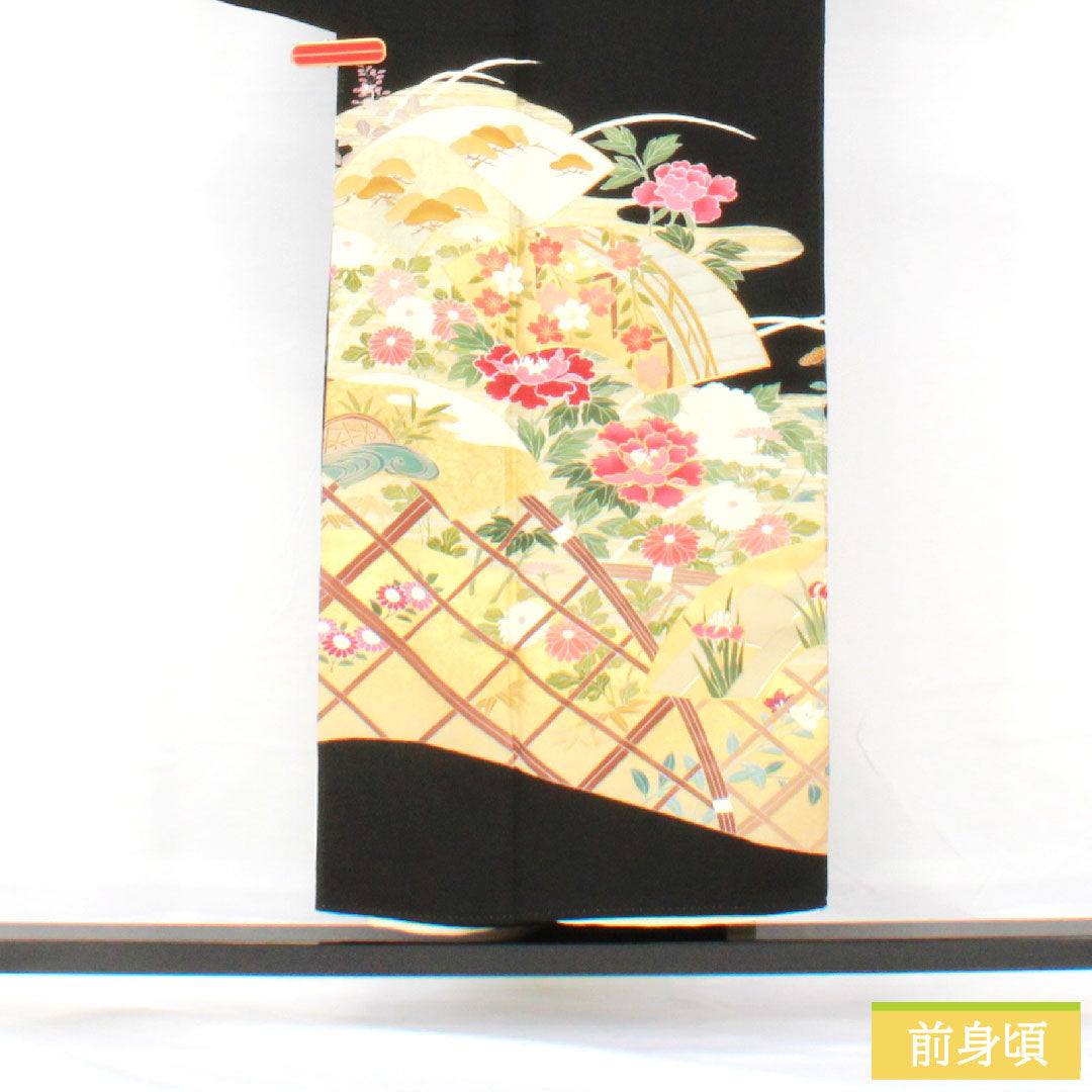 黒留袖 正絹 身丈150cm 裄丈64cm 袷 京友禅 吉祥文様 五つ紋 轡十字(くつわじゅうじ) Sランク 黒系 1111001772110