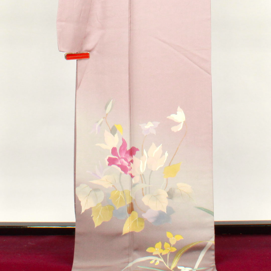 Homongi, lined, length 180.5cm, sleeve length 70cm, grape color, Kyoto Yuzen, abstract flower, pure silk, A rank, purple, 1112002643820