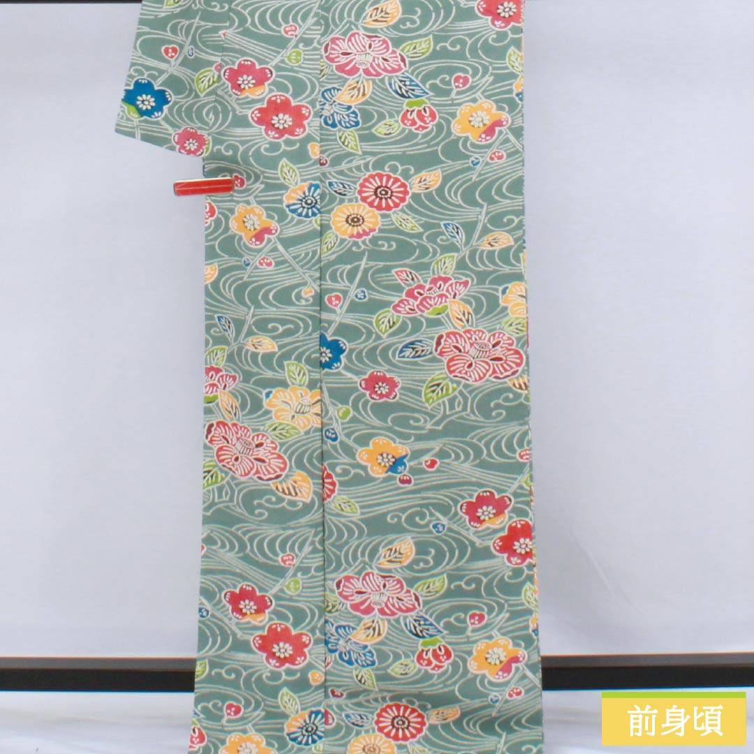 Komon (small pattern) kimono, pure silk, length 169.5cm, sleeve length 68.5cm, lined, Yamaaizuriiro (mountain indigo) color, Kyoto Bingata crepe fabric, flowing water and floral pattern, A rank, blue, 1115006163517